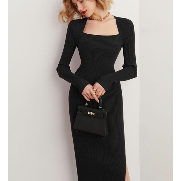 Square Neck Long Sleeve Ribbed Knit Side Slit Midi Dress - Picture 2 of 13